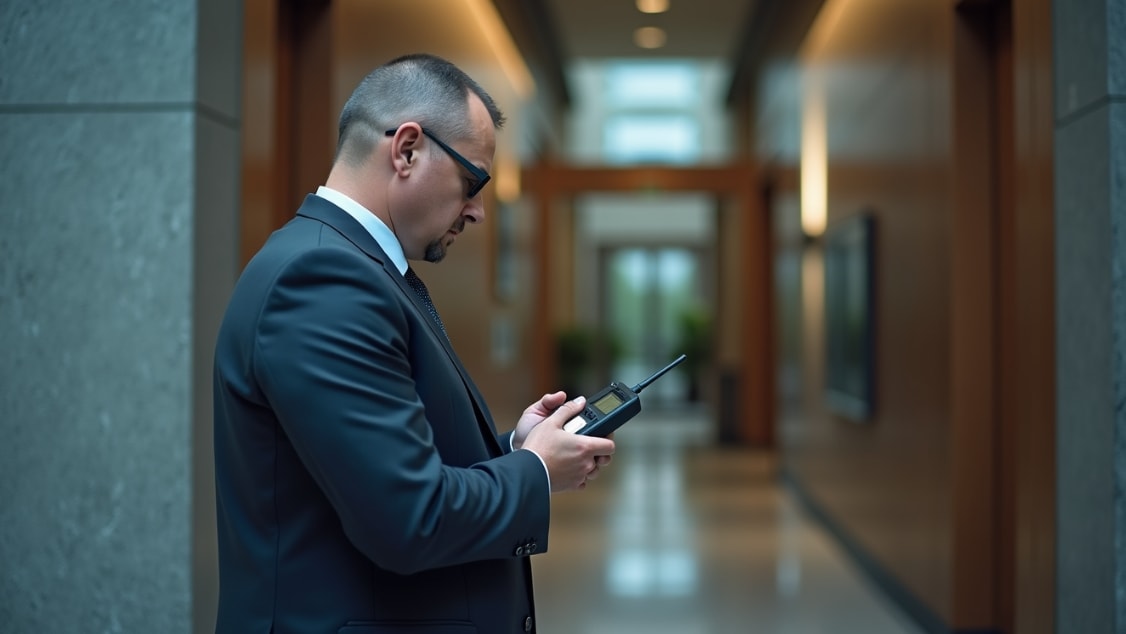 Apex Global Security executive protection specialist scanning for hidden electronic surveillance devices